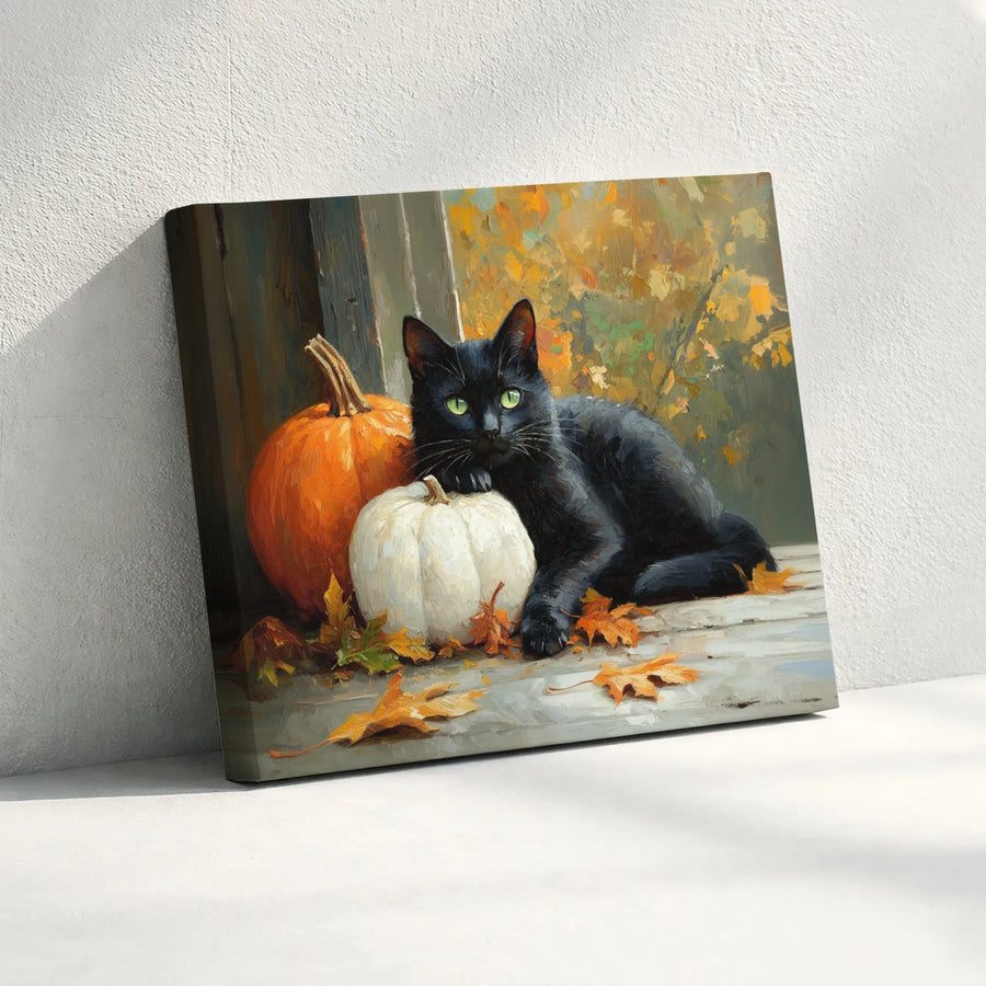 Black Cat Wall Art | Autumn Pumpkin Harvest Painting | Premium Gallery Wrap Canvas | Fall Home Decor Gift for Cat Lovers