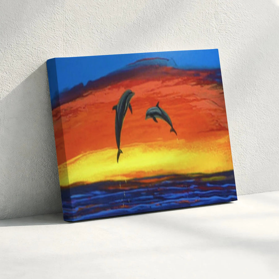 Dolphin Sunset Canvas Print | Jumping Dolphins Ocean Painting | Premium Fade-Resistant Canvas | Coastal Living Room Decor Gift