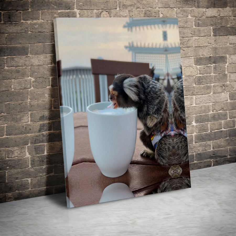 Marmoset Monkey Coffee Canvas Art | Cute Animal Drinking Coffee Print | Premium Gallery-Wrapped Decor | Unique Coffee Lover Gift Wall Art