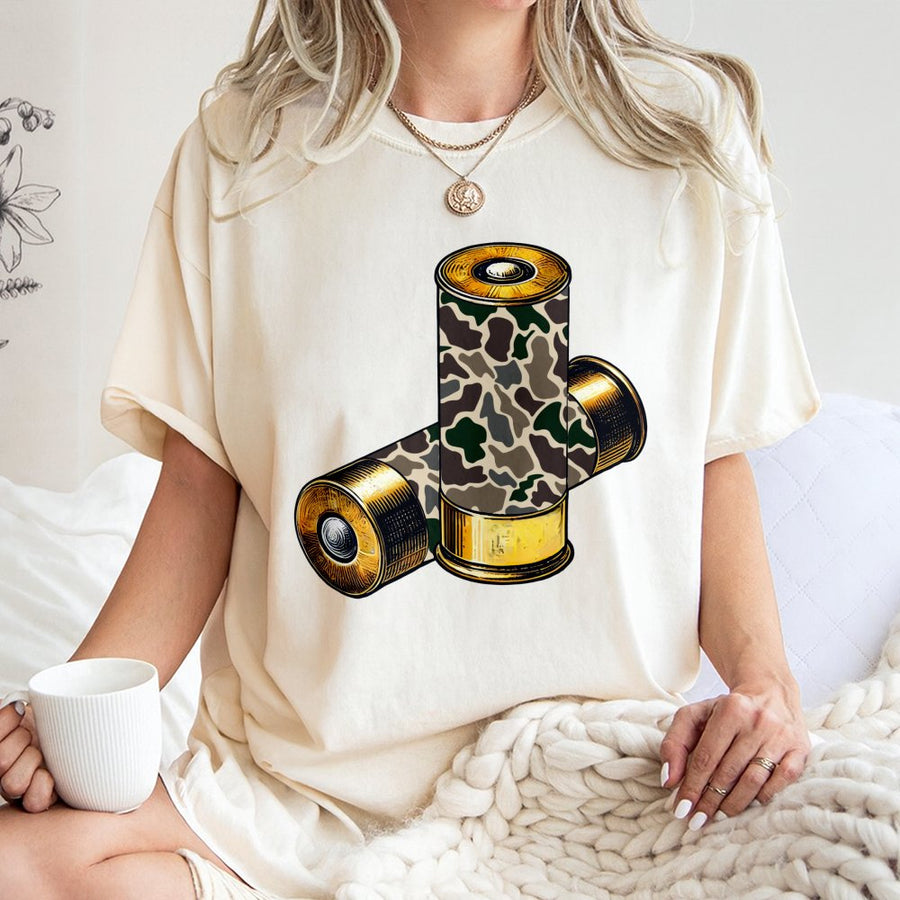 Camo Shotgun Shells T-Shirt | Duck Hunting Ammo Graphic Print | 100% Cotton Premium Tee | Outdoorsman & Hunter Gift