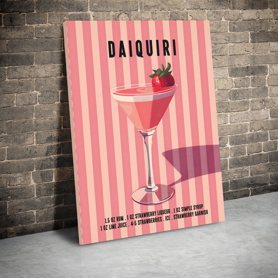 Strawberry Daiquiri Cocktail Recipe Canvas | Retro Minimalist Kitchen Wall Art | Premium Gallery Wrapped Decor | Perfect Gift For Home Bar Enthusiasts