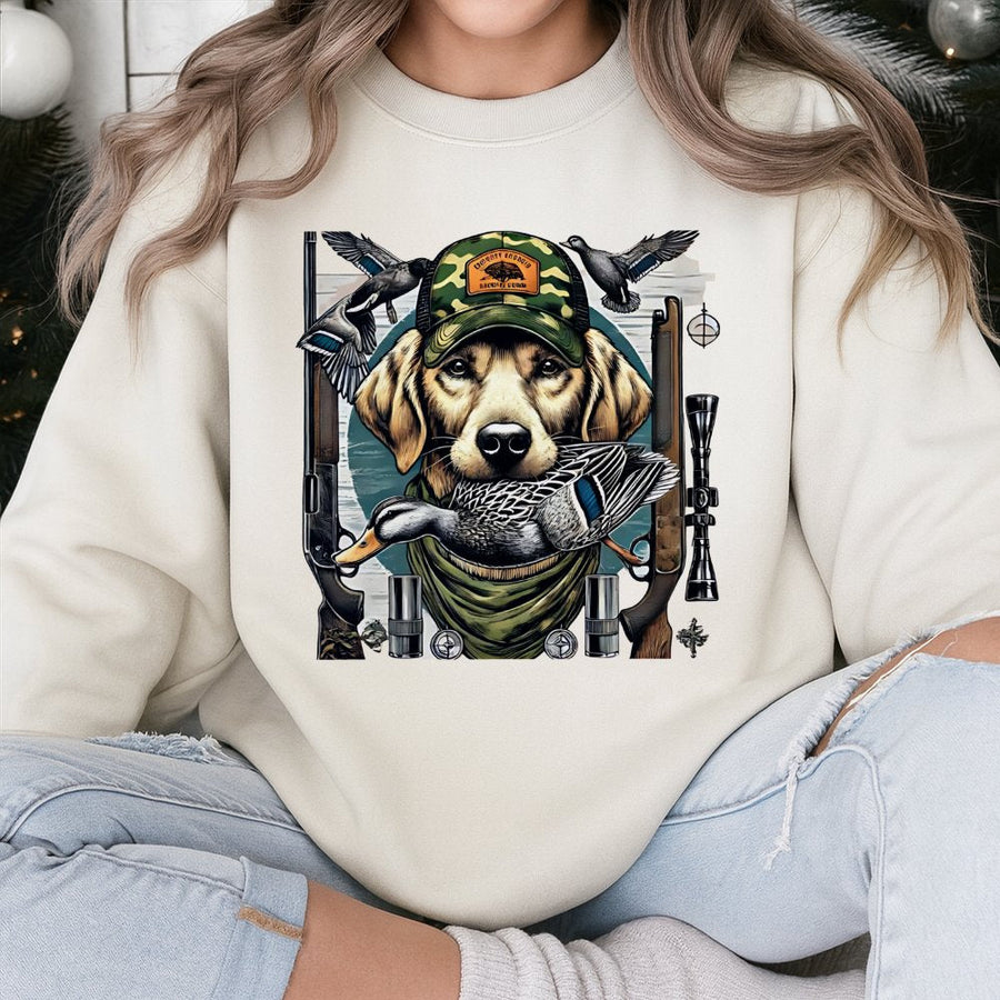 Duck Hunting Sweatshirt | Labrador Retriever Retriever Camo Hat Design | Cotton Blend Premium Crewneck | Gift for Hunters and Dog Lovers