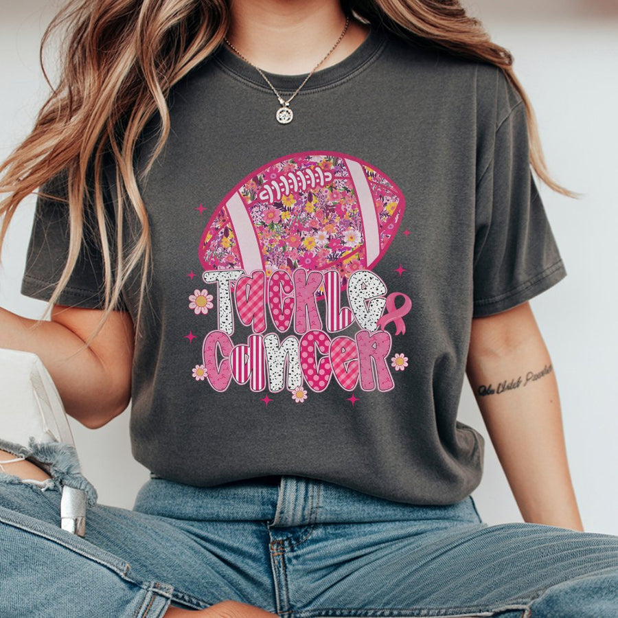 Tackle Cancer Football T-Shirt | Pink Ribbon Floral Design | 100% Cotton Premium Tee | Breast Cancer Awareness Gift For Survivors & Supporters