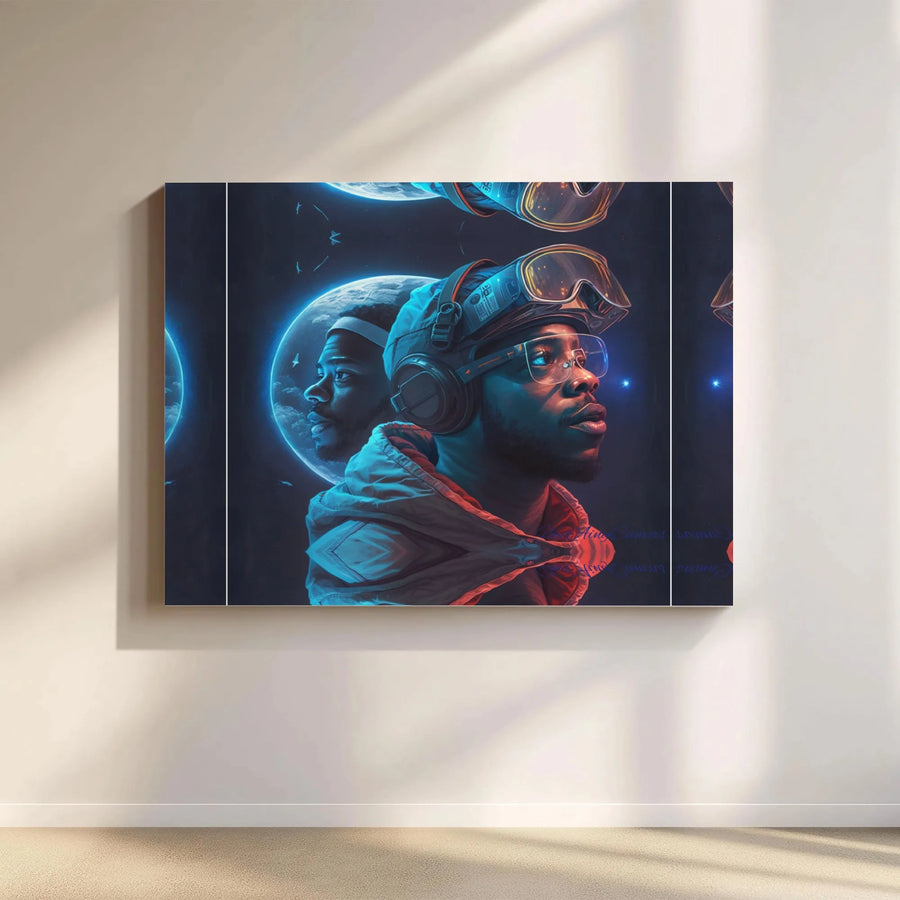 Afrofuturism Wall Art | Neon Cyberpunk Black Man Space Portrait | Premium 1.25" Gallery Canvas | Unique Gift for Tech and Sci-Fi Lovers