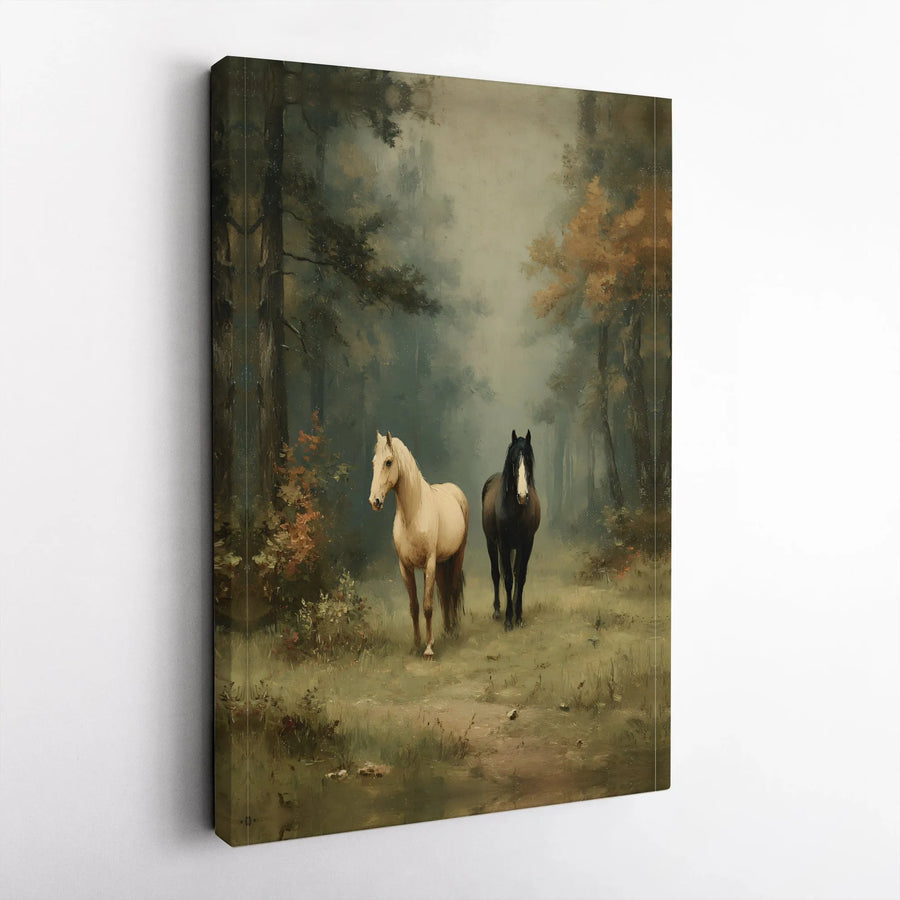 Vintage Horse Painting Canvas Wall Art | Equestrian Woodland Scene | Premium Canvas Print | Farmhouse Living Room Decor Gift for Horse Lover