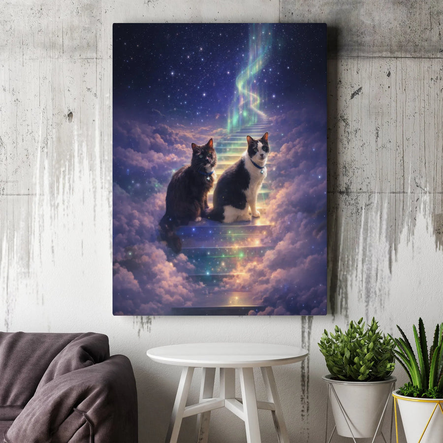 Cat Memorial Canvas Wall Art | Two Cats on Stairway to Heaven | Premium Gallery Wrapped Print | Sympathy Gift for Pet Loss