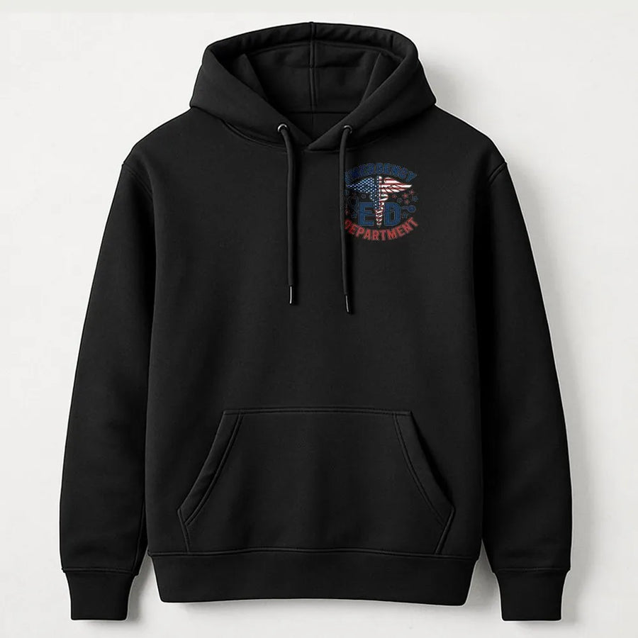Emergency Department Hoodie | Patriotic American Flag Caduceus Graphic | Premium Cotton Tee | Gift for ER Doctor Nurse EMT