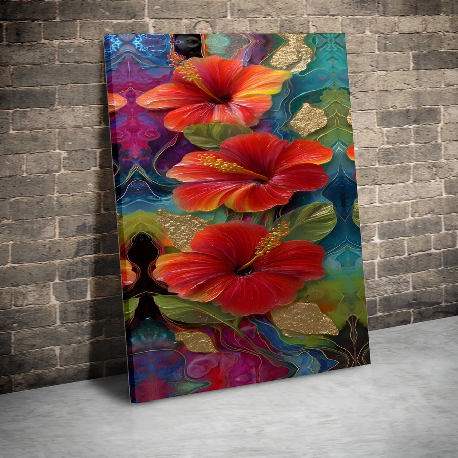 Red Hibiscus Flower Canvas Print | Abstract Gold Leaf Floral Wall Art | Premium Gallery-Wrapped Gallery Quality | Tropical Home Decor Gift
