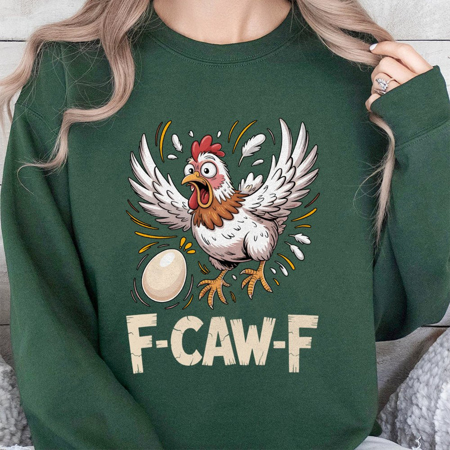 Funny Chicken Sweatshirt | F-CAW-F Pun Graphic Print | Soft Cotton-Poly Blend | Humorous Farm Animal Gift for Chicken Lovers