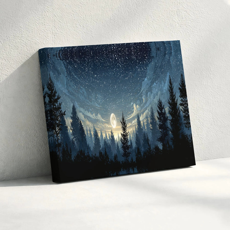 Night Sky Forest Canvas | Starry Night Landscape with Full Moon | Premium Fade-Resistant Print | Nature Lover Gift for Bedroom Decor