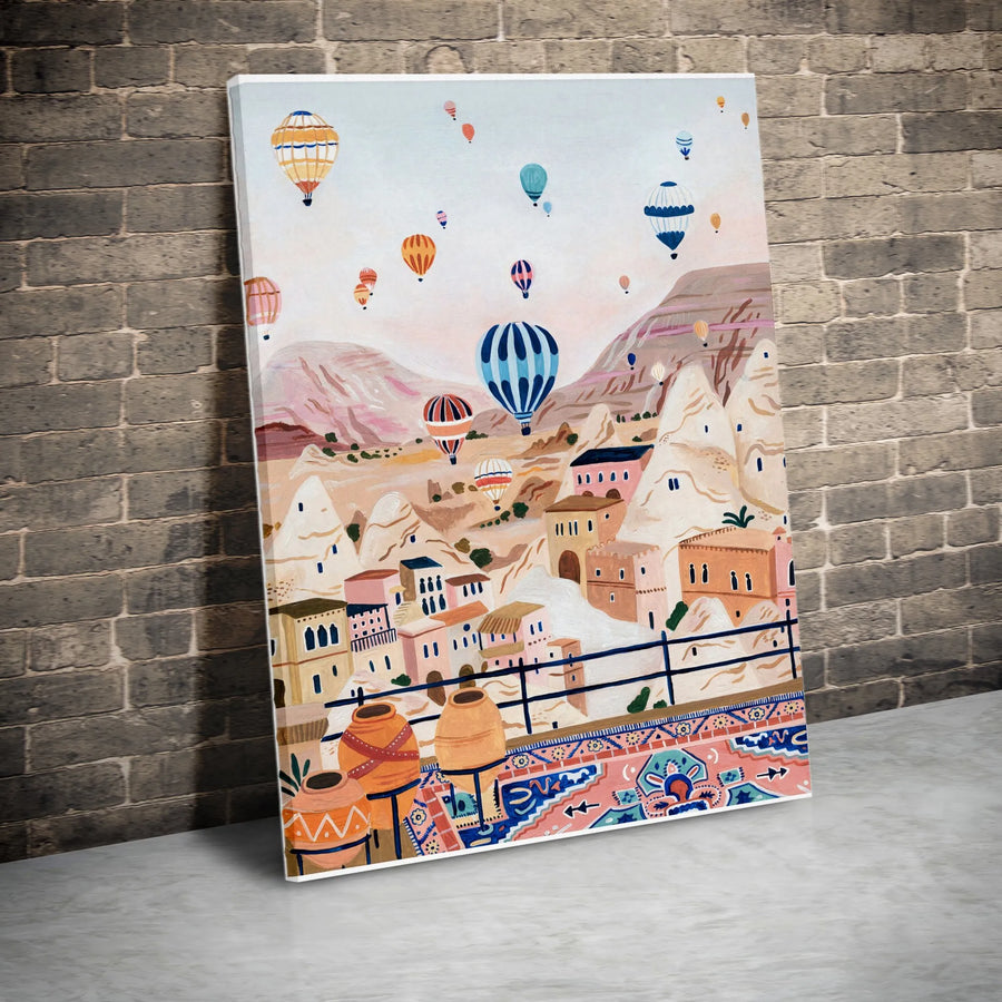 Cappadocia Hot Air Balloons Wall Art | Painterly Landscape Canvas Print | 1.25 Inch Gallery Wrap | Premium Travel Decor For Wanderlust Lovers