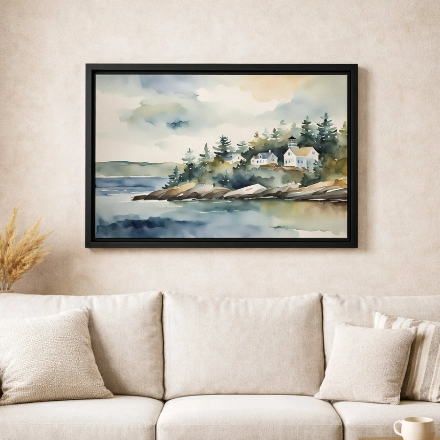 Coastal Lighthouse Wall Art | Watercolor Seaside Village Landscape | Premium 1.25 Inch Canvas Print | Serene Nautical Home Decor Gift