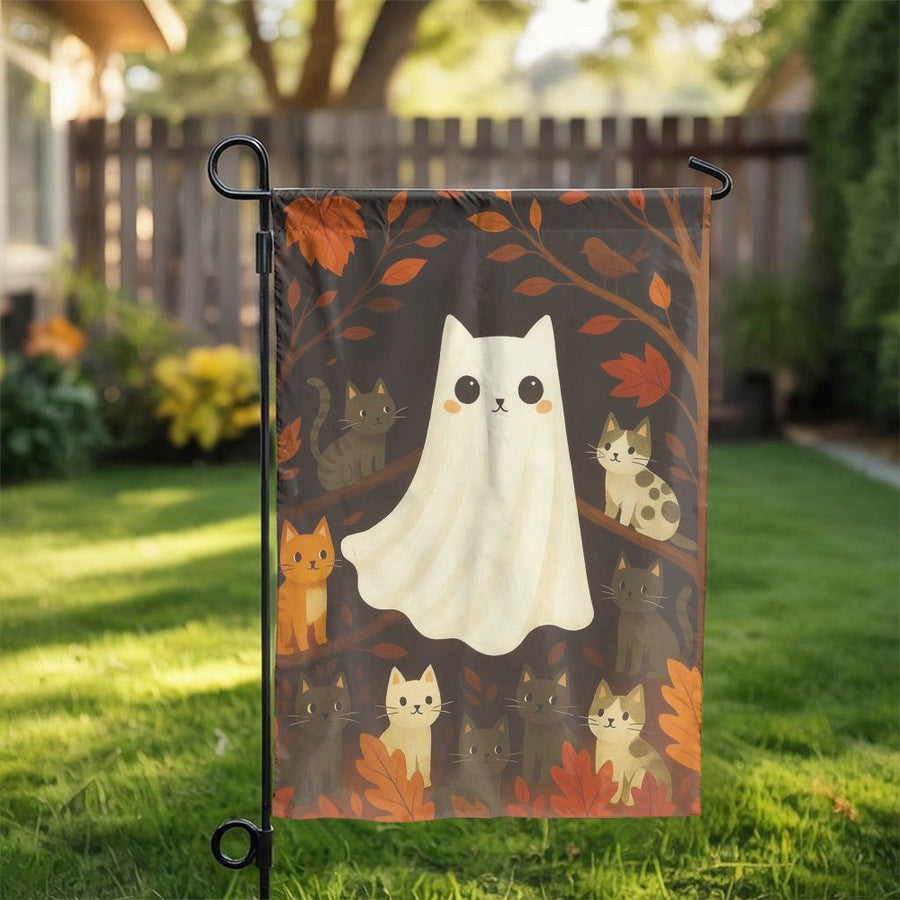 Ghost Cat Garden Flag | Cute Kitten Fall Foliage Print | Weather-Resistant Polyester | Halloween Outdoor Decor Gift