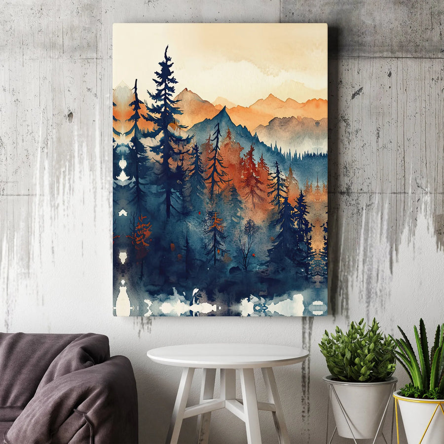 Abstract Mountain Forest Canvas Wall Art | Watercolor Nature Landscape Print | Premium 1.25-Inch Gallery Wrap | Modern Home Office Decor Gift