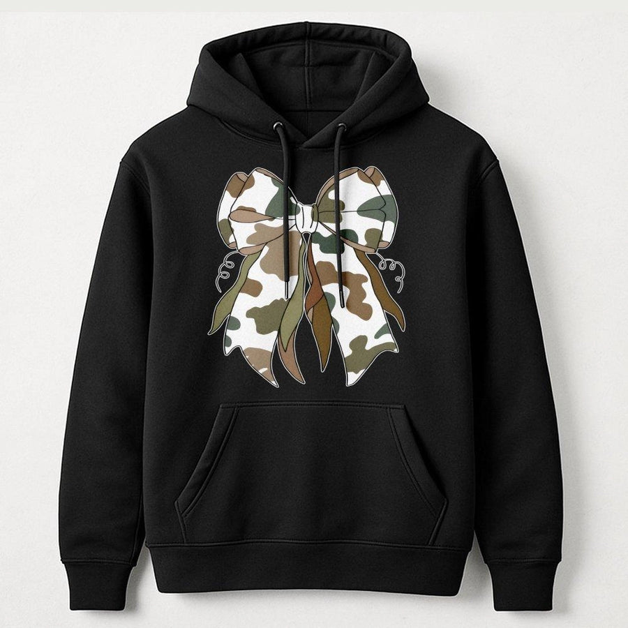Camo Bow Hoodie | Trendy Coquette Aesthetic Graphic Sweatshirt | Premium Cotton-Blend Pullover | Aesthetic Gift for Her & Teen Girls