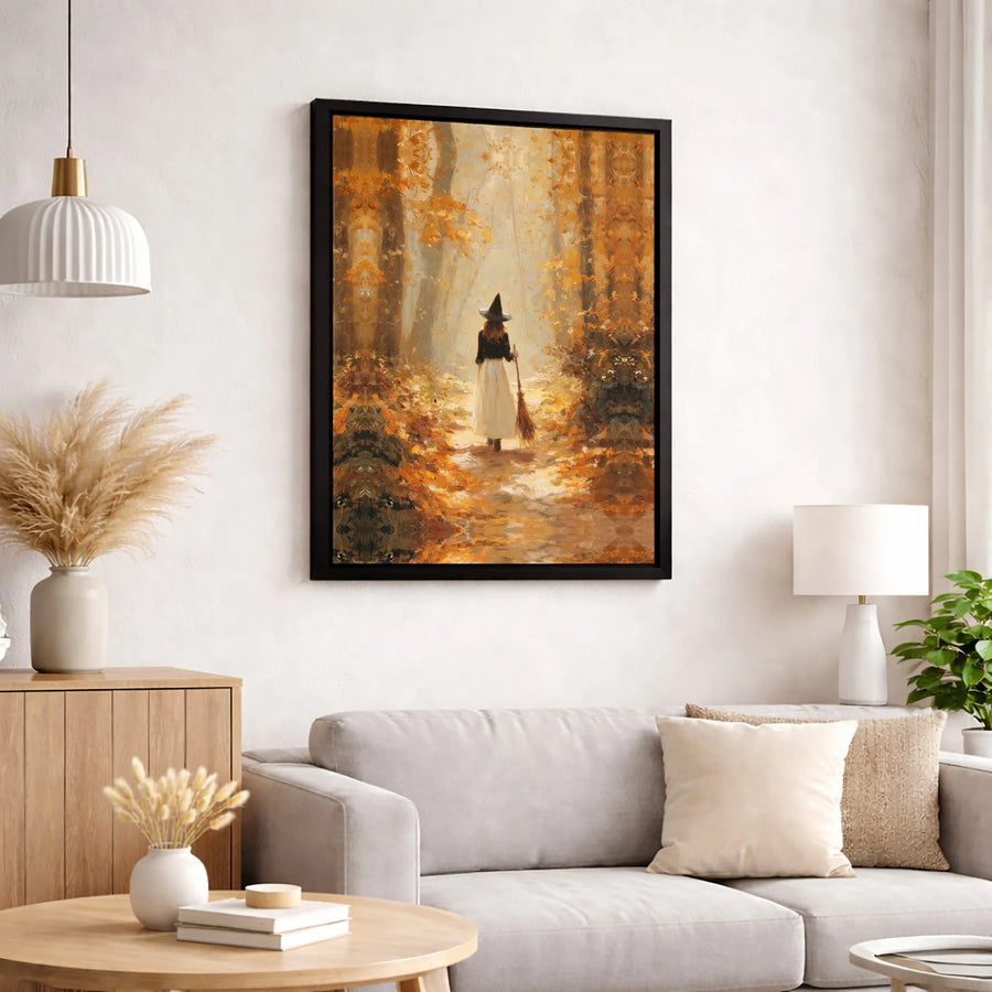 Witch in Autumn Forest Canvas Wall Art | Whimsical Fall Woods Oil Painting Style | Premium 1.25-inch Thick Gallery Wrap | Seasonal Halloween Home Decor