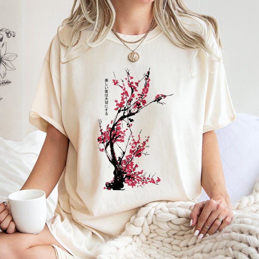 Japanese Cherry Blossom T-Shirt | Sakura Floral Botanical Graphic | 100% Cotton Premium Streetwear | Aesthetic Gift for Anime Fans