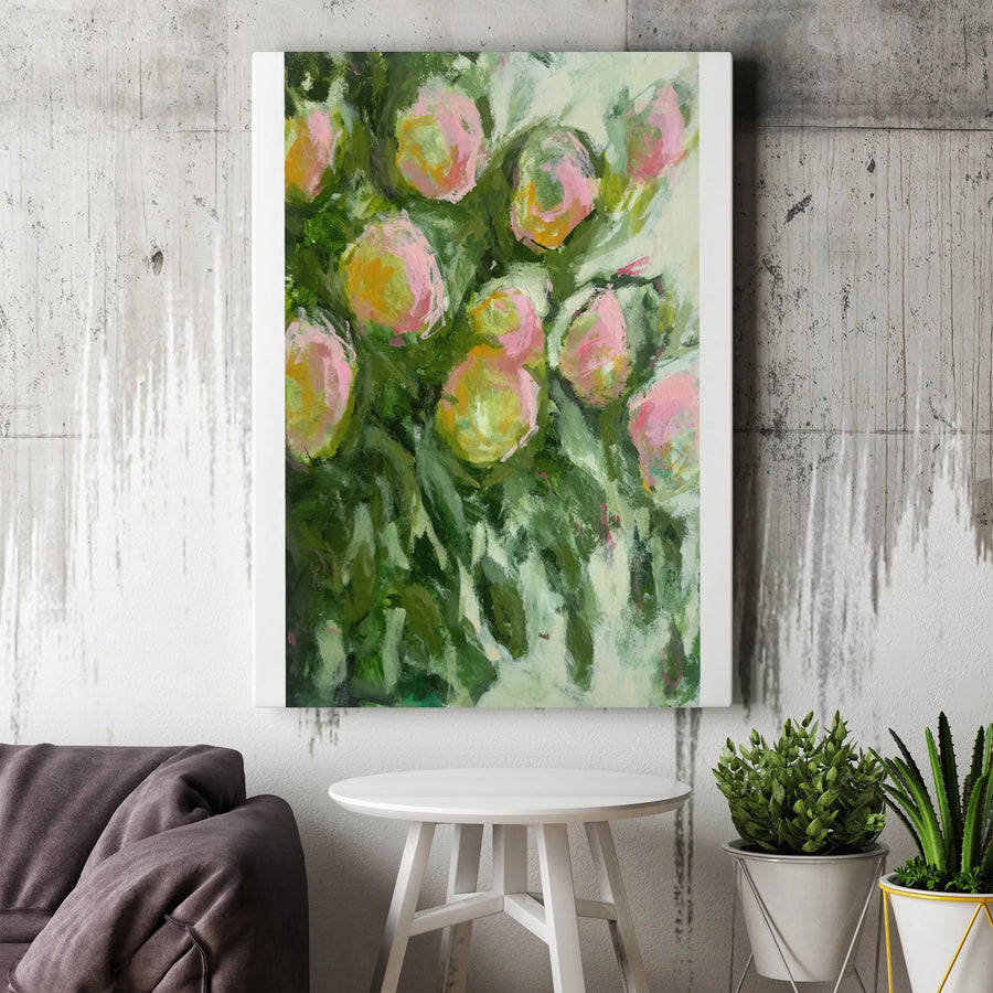 Summer Roses Vertical Canvas | Abstract Impressionist Floral Painting | Premium Gallery Wrapped Wall Art | Modern Home Decor Gift