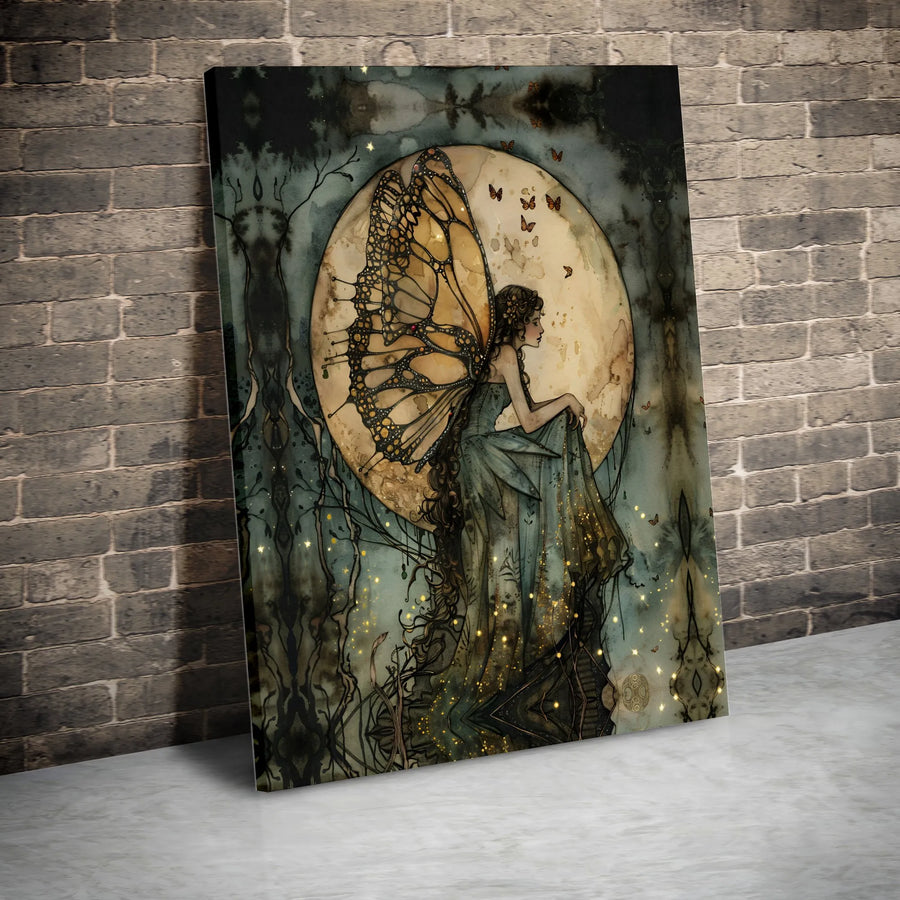 Enchanted Fairy Canvas Print | Moonlight Butterfly Fairy Illustration | Premium Framed Canvas | Fantasy Wall Decor Gift