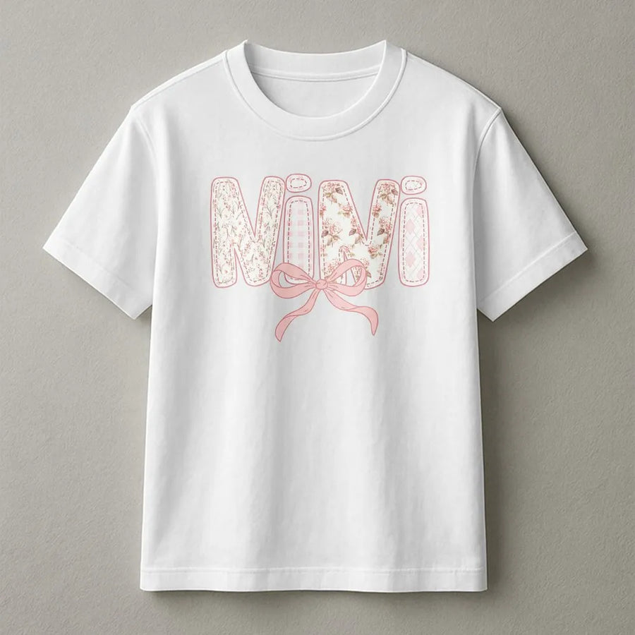 Mimi T-Shirt | Floral Patchwork Letters with Pink Bow | Premium Cotton Blend | Gift for Grandma, Mother's Day, Pregnancy Announcement