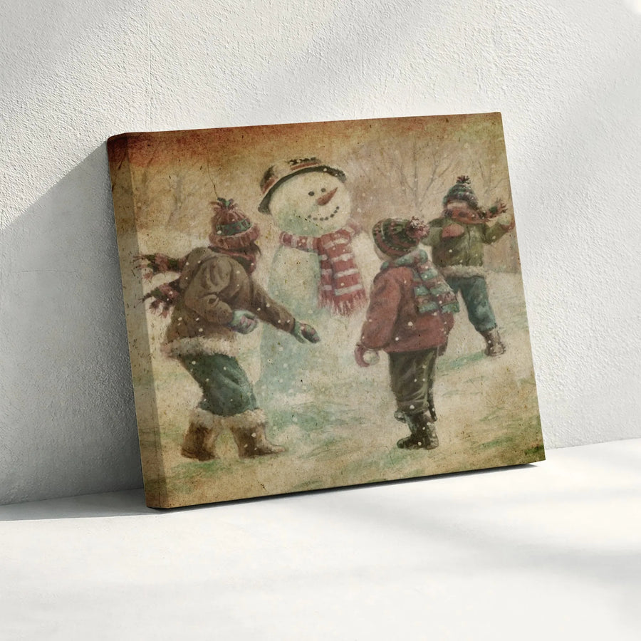 Vintage Winter Scene Canvas Art | Children Playing with Snowman Wall Decor | Premium Fade-Resistant Print | Holiday Home Gift