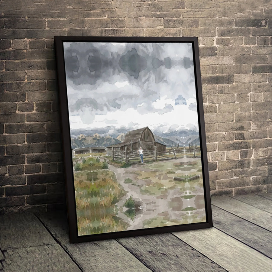 Rustic Barn Canvas Print | Watercolor Mountain Landscape Art | Gallery Quality 1.25 Inch Profile | Farmhouse Home Decor Wall Gift