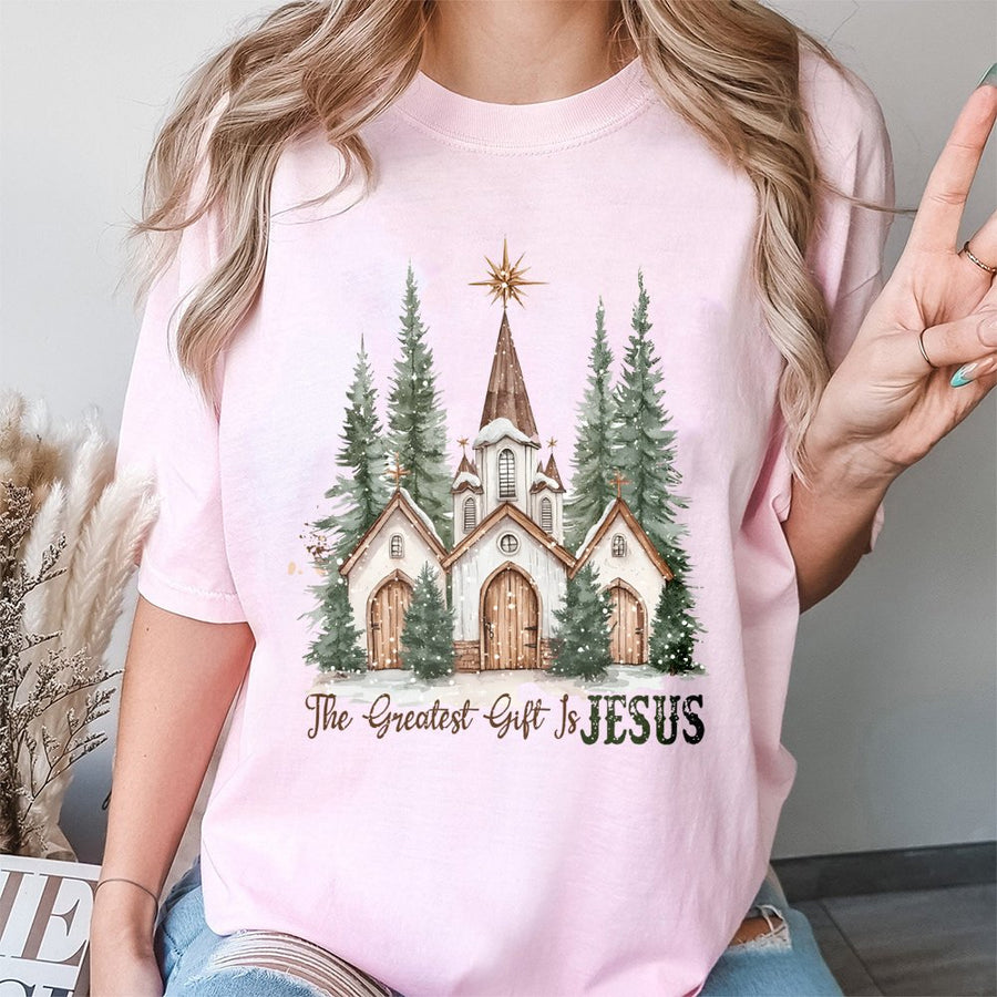 The Greatest Gift Is Jesus T-Shirt | Watercolor Snowy Church Graphic | Premium 100% Cotton | Religious Christmas Gift for Christians