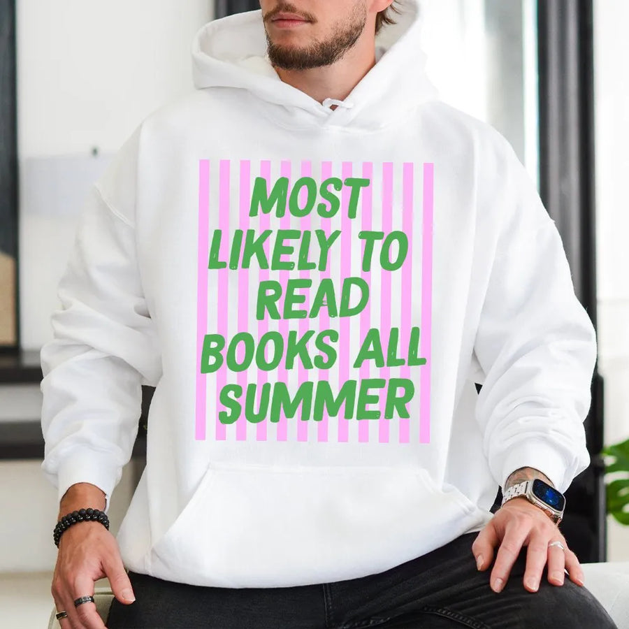 Summer Reading Hoodie | Most Likely To Read Books All Summer Sweatshirt | Premium Cotton-Blend | Funny Gift for Bookworm or Librarian