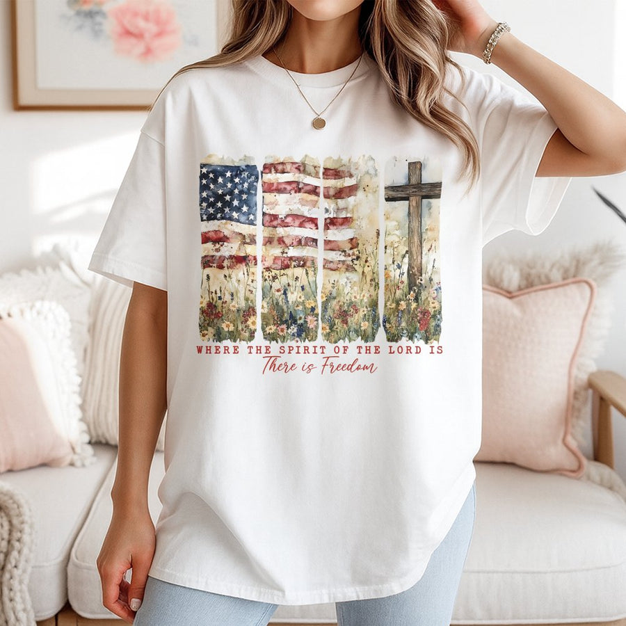 Where The Spirit Of The Lord Is There Is Freedom T-Shirt | American Flag Cross Floral Design | 100% Cotton Premium Tee | Christian Religious Gift