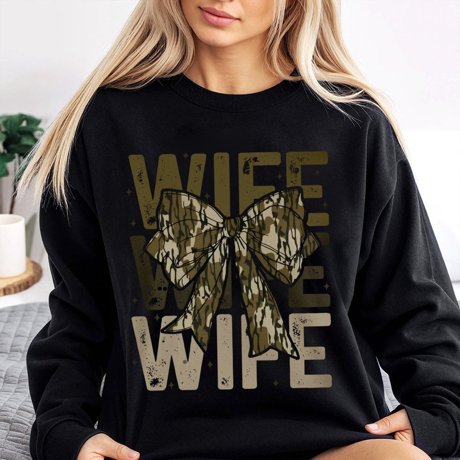 Wife Camo Bow Sweatshirt | Trendy Country Girl Aesthetic | Premium Cotton Blend | Gift for Hunting Wife and Outdoor Lovers