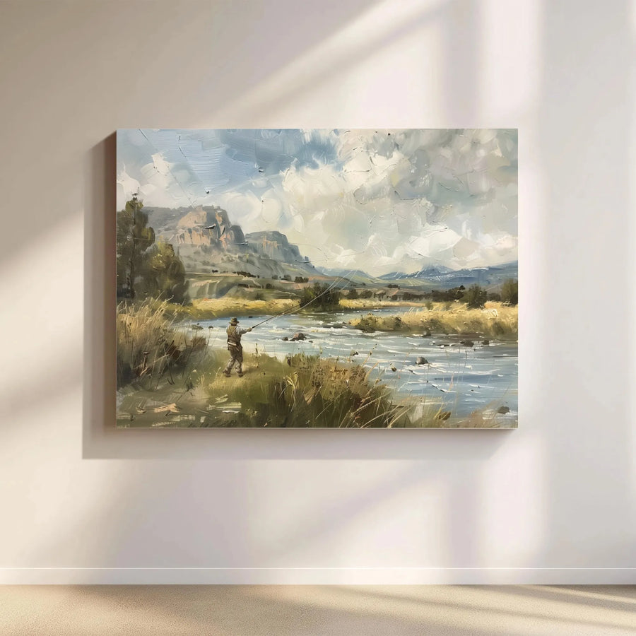 Fly Fishing Canvas Wall Art | Mountain River Oil Painting Style | Premium Gallery Wrap Print | Nature Gift for Fisherman & Office Decor