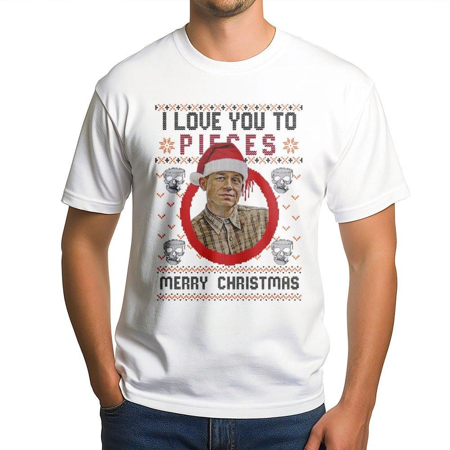 True Crime Graphic T-Shirt | I Love You To Pieces Ugly Christmas Sweater Print | Premium Soft Cotton | Funny Dark Humor Holiday Gift For Fans