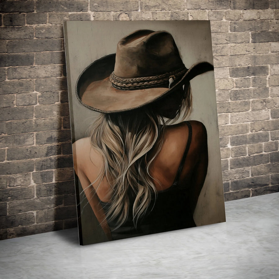 Western Cowgirl Canvas Wall Art | Blonde Woman in Cowboy Hat Portrait | Gallery-Quality 1.25 inch Thick Print | Rustic Farmhouse Decor Gift