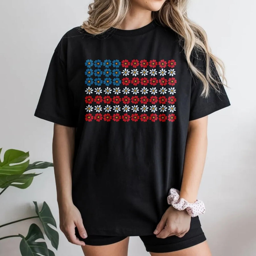 Floral American Flag T-Shirt | Dainty Flower USA Flag Graphic | Soft Cotton Tee | Patriotic 4th of July Gift for Women