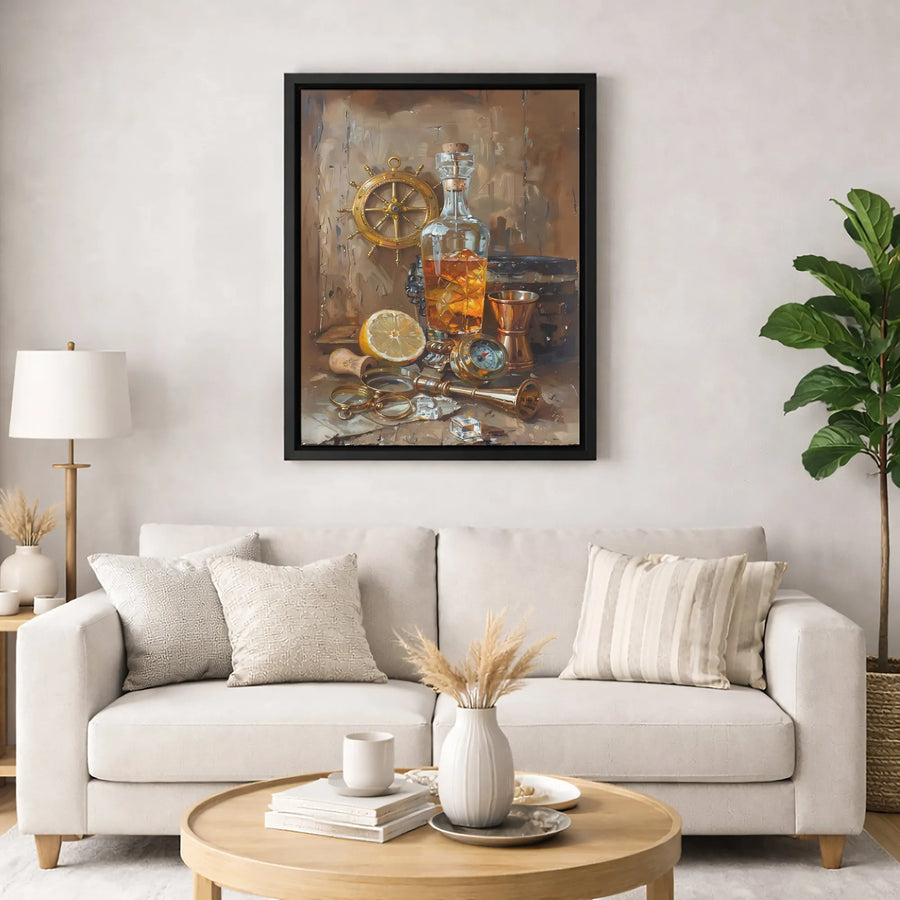 Nautical Whiskey Wall Art | Vintage Ship Wheel and Compass Still Life | Premium Gallery Wrap Canvas | Home Bar Decor Gift for Men