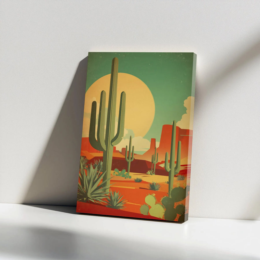 Retro Desert Canvas Wall Art | Saguaro Cactus Mid Century Modern Print | Premium Gallery Wrapped Decor | Southwestern Landscape Home Gift