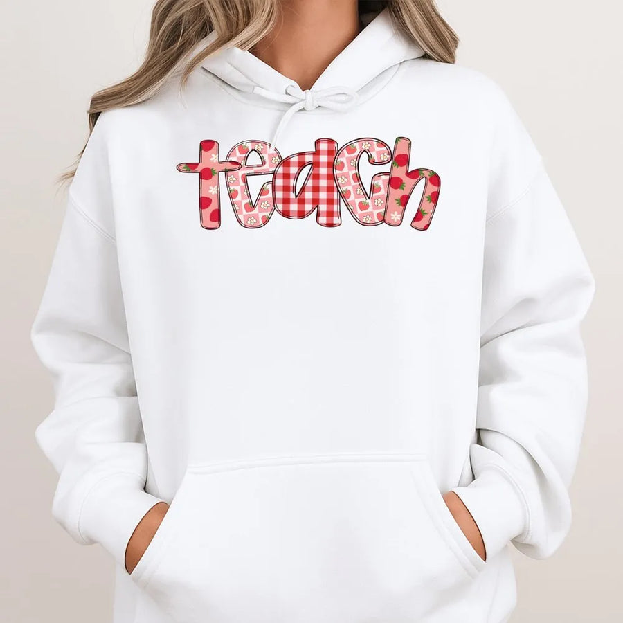 Teacher Hoodie | Strawberry and Gingham 'Teach' Graphic | Cozy Cotton Blend | Back to School Gift for Her