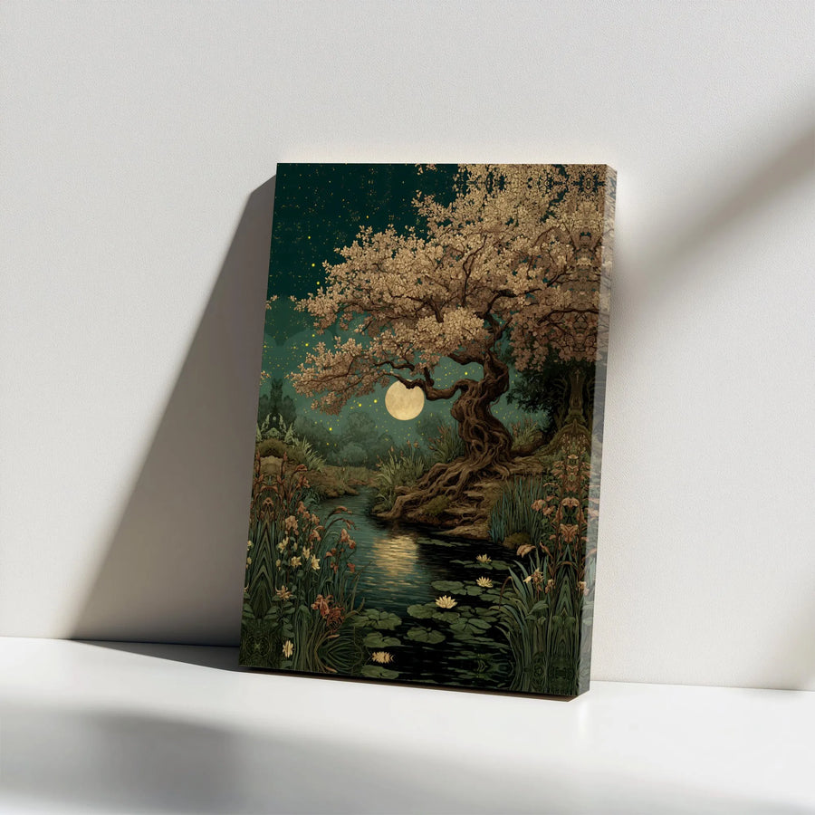 Enchanted Tree Canvas Art | Moonlit River & Fireflies Illustration | Premium Gallery-Wrapped Print | Living Room Wall Decor Gift