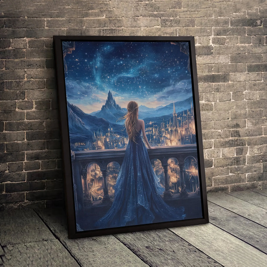 Fantasy City Wall Art | Woman In Blue Gown Starry Night Print | Gallery Quality 1.25" Canvas | Whimsical Bedroom Decor Gift For Her