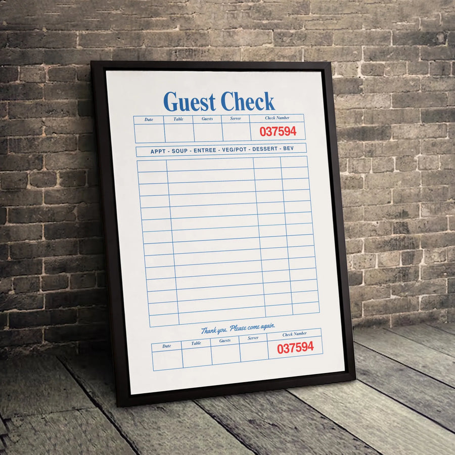 Guest Check Wall Art | Vintage Restaurant Receipt Print | Gallery-Quality Canvas | Unique Kitchen Decor Gift for Foodies