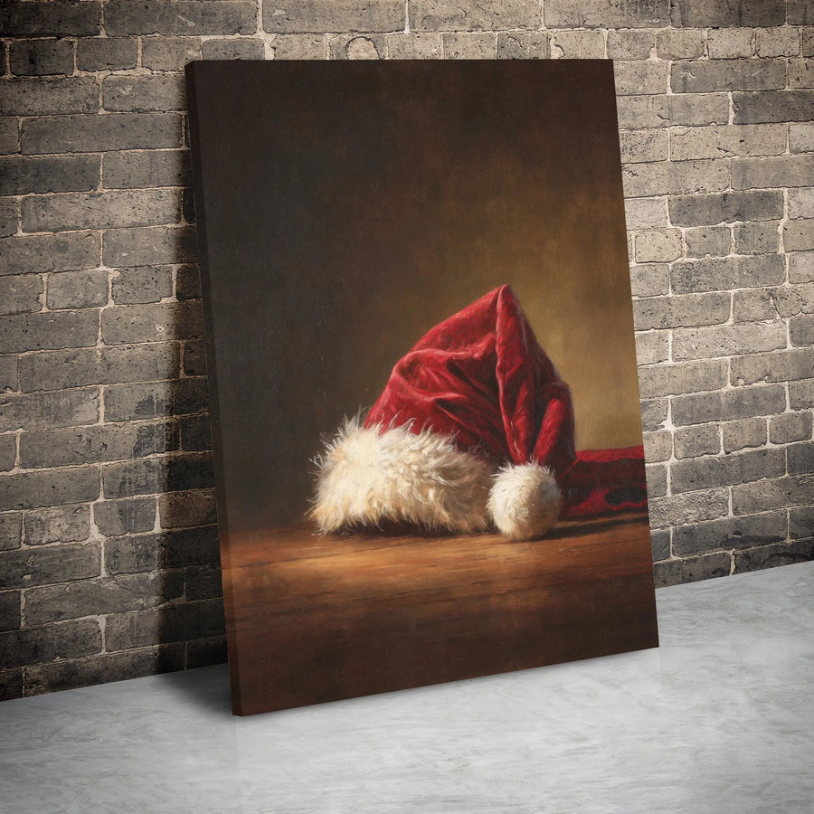 Santa Hat Oil Painting Wall Art | Rustic Christmas Holiday Canvas Print | Gallery Wrapped Premium Decor | Festive Winter Home Office Gift