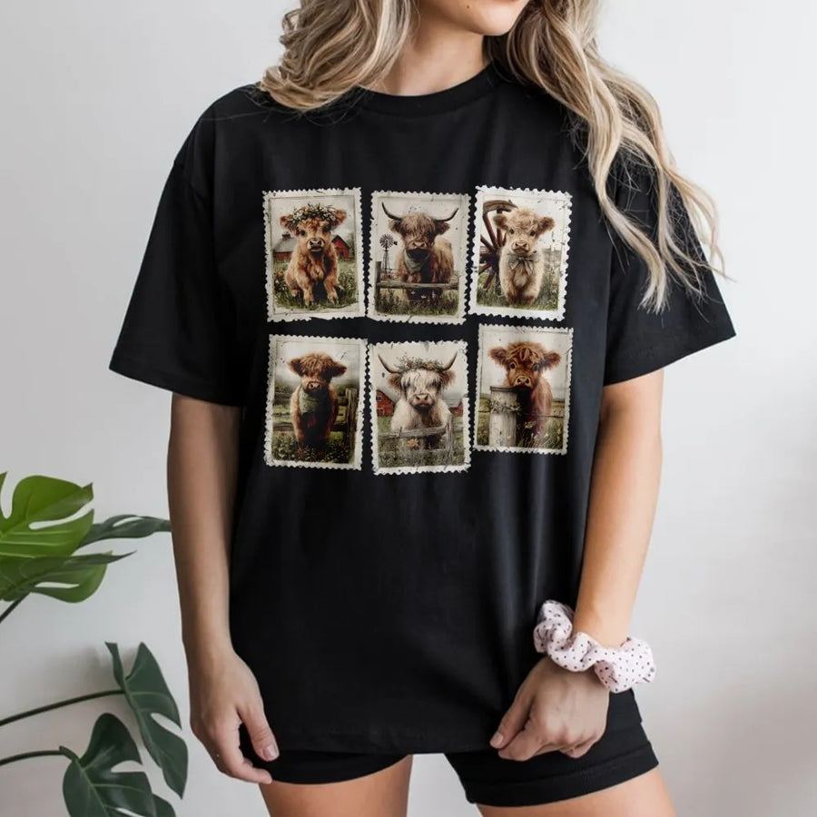 Highland Cow T-Shirt | Vintage Postage Stamp Farm Animal Collage | 100% Cotton Premium Tee | Unique Gift For Cow Lovers And Farmers