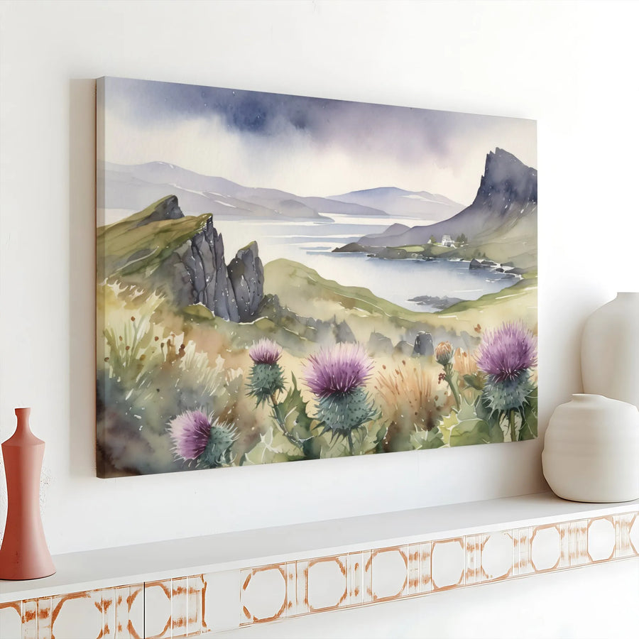 Scottish Highlands Canvas Print | Watercolor Thistle Landscape Art | Premium 1.25" Thick Profile | Modern Farmhouse Wall Decor Gift