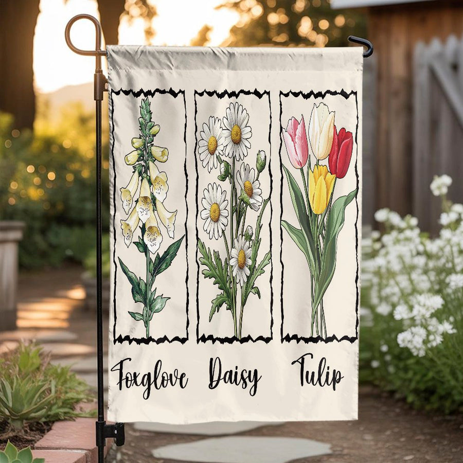 Floral Garden Flag | Botanical Foxglove Daisy Tulip Illustration | Premium Weather-Resistant Polyester | Cottagecore Outdoor Home Decor Gift