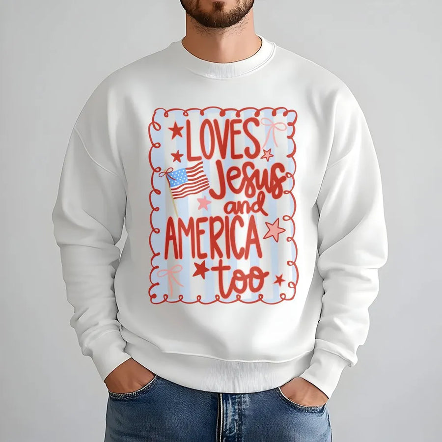 Loves Jesus and America Too Sweatshirt | Patriotic Coquette Bow Graphic | Premium Unisex Pullover | 4th of July Christian Gift for Her