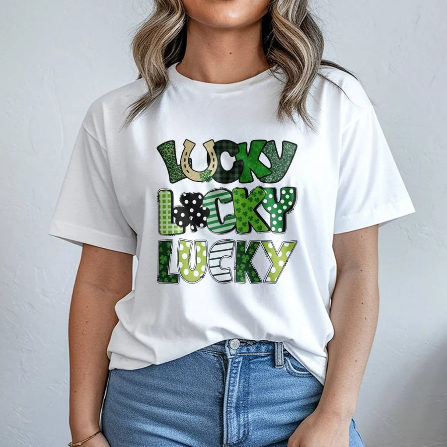 Lucky Lucky Lucky St. Patrick's Day T-Shirt | Green Shamrock Pattern Graphic Print | 100% Premium Cotton Tee | Festive Gift for Men and Women