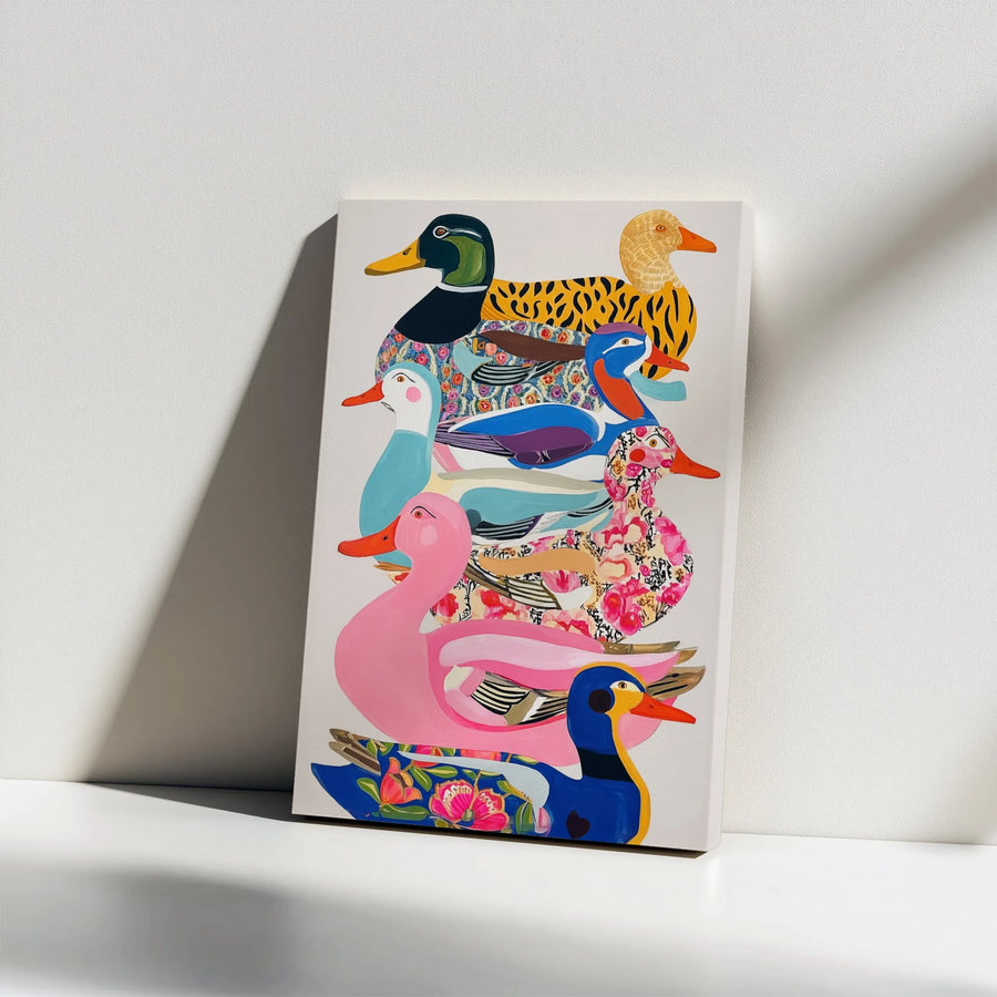 Stacked Ducks Canvas Wall Art | Colorful Floral Animal Print Illustration | Premium Gallery Wrap Decor | Whimsical Bird Lover Gift for Home Office
