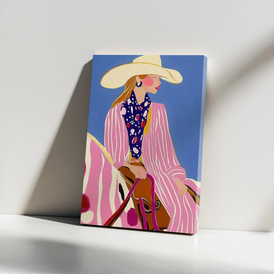 Abstract Cowgirl Canvas Wall Art | Colorful Western Fashion Illustration | Premium Gallery Wrap Decor | Stylish Gift for Modern Home Office