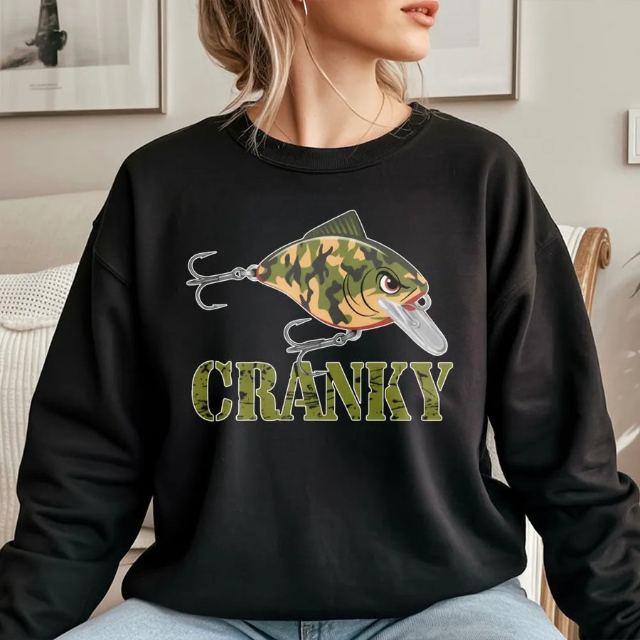 Cranky Fishing Sweatshirt | Bass Camo Crankbait Graphic | Premium Cotton Blend | Funny Fisherman Gift For Anglers