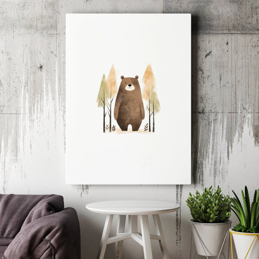 Cute Brown Bear Canvas Print | Watercolor Autumn Forest Nursery Wall Art | Premium Gallery Wrapped | Kids Room Decor Gift